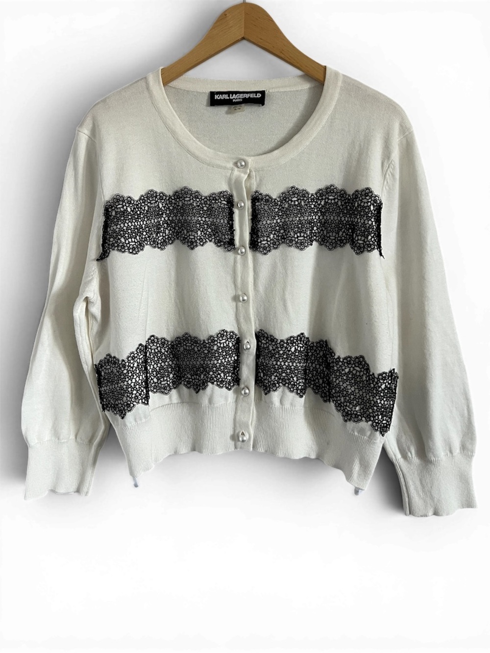 Karl Lagerfeld Paris Lace Trim Cardigan XL Pearl Button Cream Black Lace